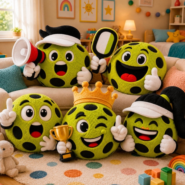 Concept: DinkyBalls plush characters together on a sofa